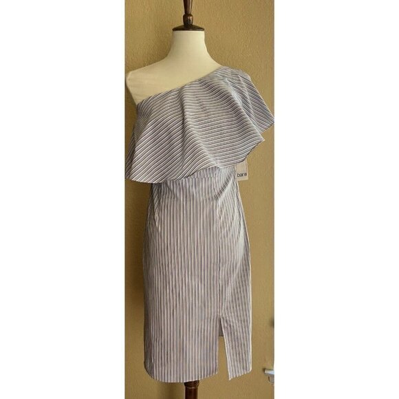 BAR III $80 Blue Striped Ruffled Slitted Dress One Shoulder Cotton Size S - Picture 9 of 10